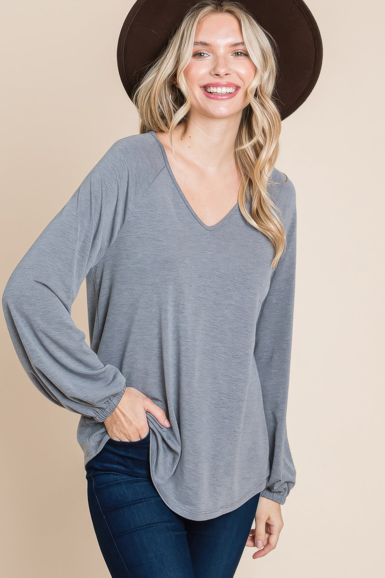 Casual V Neck Basic Long Sleeve Top