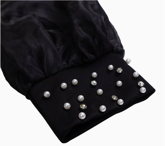 Elegant Black Evening Dress with Pearl Beaded Collar, Sheer Mesh Sleeves