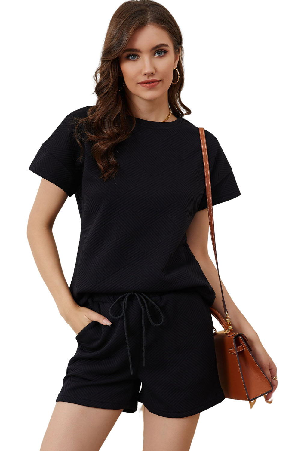 Gray Textured Loose Fit T Shirt and Drawstring Pants Set
