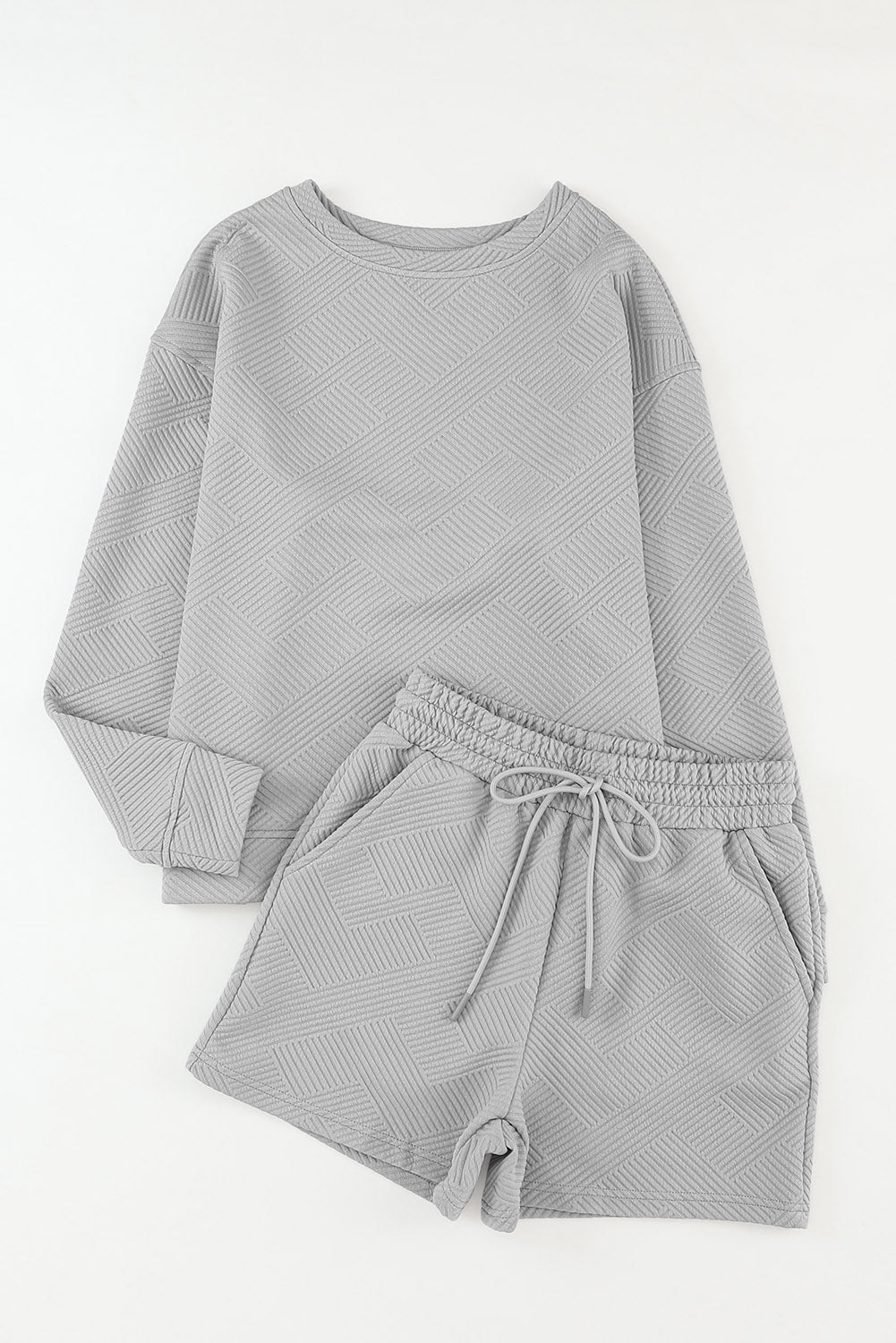Gray Textured Loose Fit T Shirt and Drawstring Pants Set