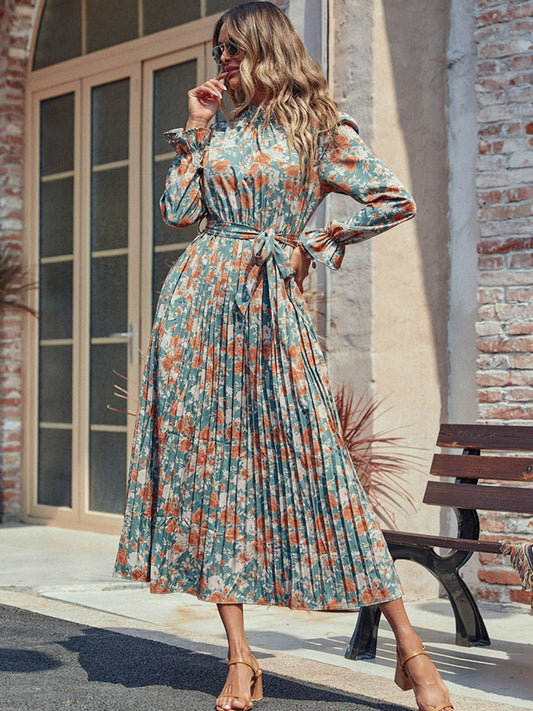 Perfee Tied Pleated Printed Mock Neck Long Sleeve Dress