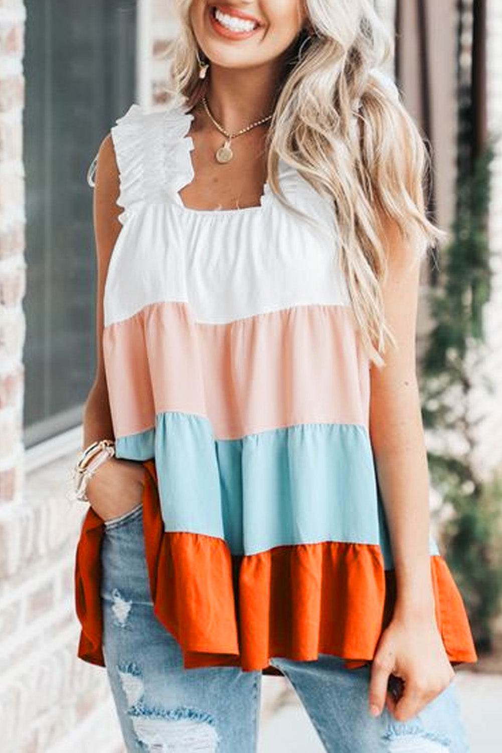 Pink Tie Button V Neck Short Flowy Sleeve Tiered Dress