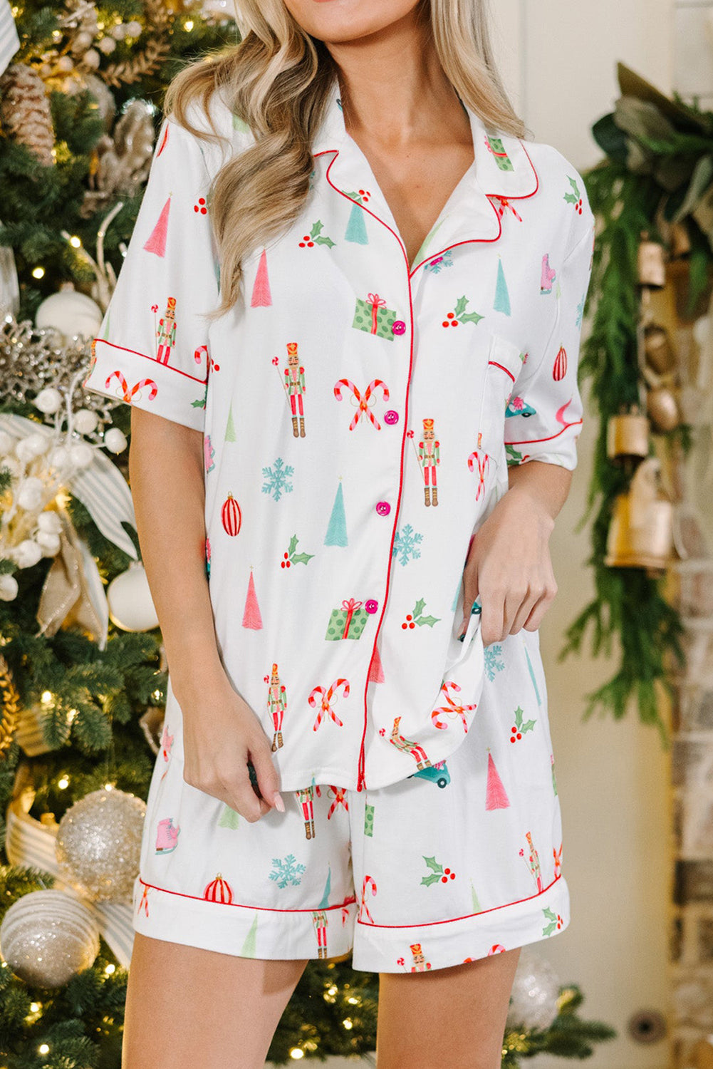 White Christmas Print Shorts Pajama Set