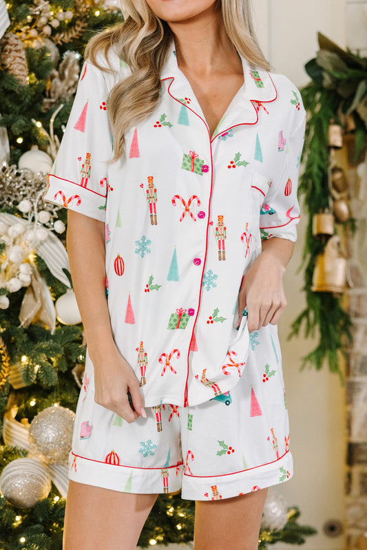 White Christmas Print Shorts Pajama Set
