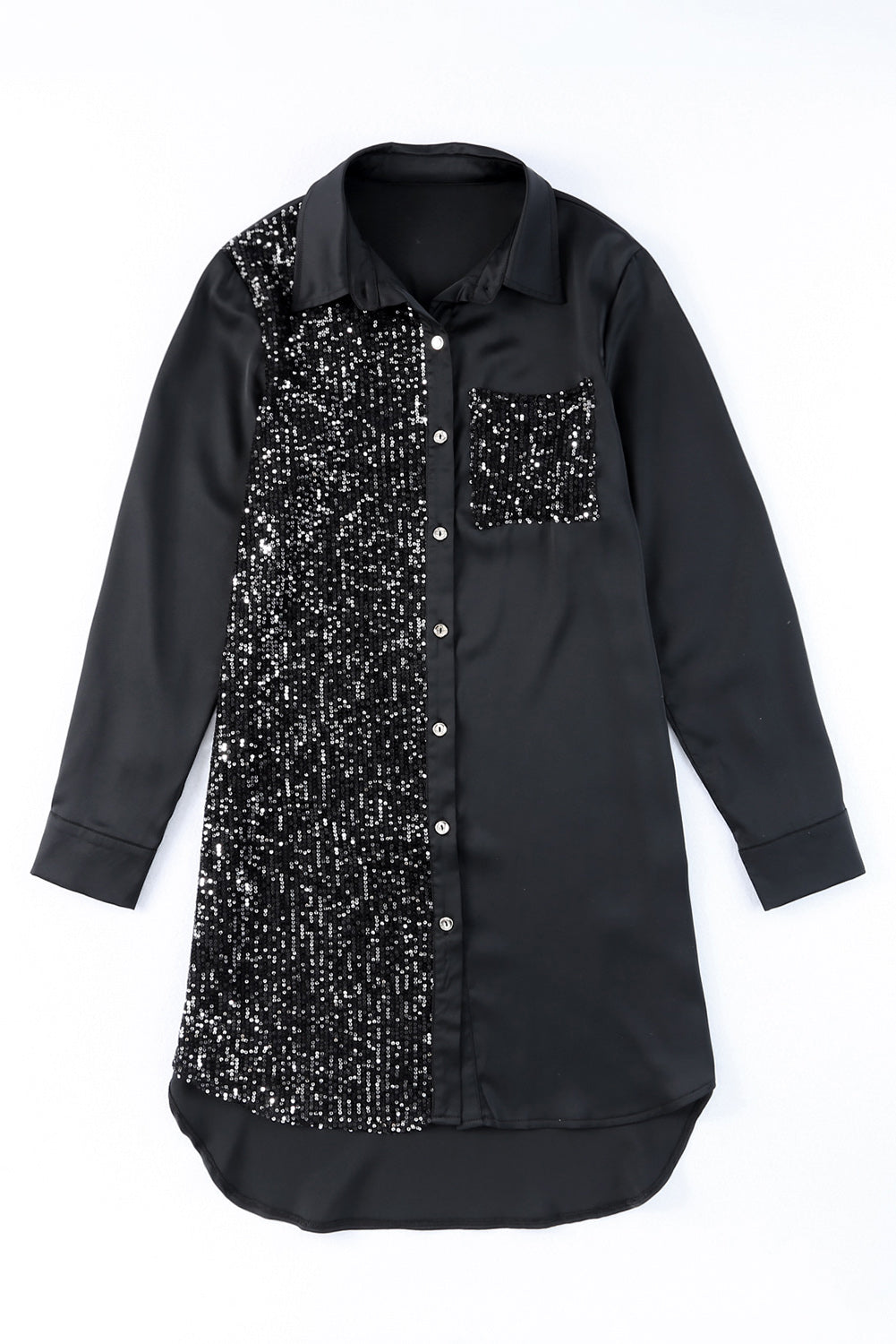 Black Sequin Splicing Pocket Buttoned Shirt Dress