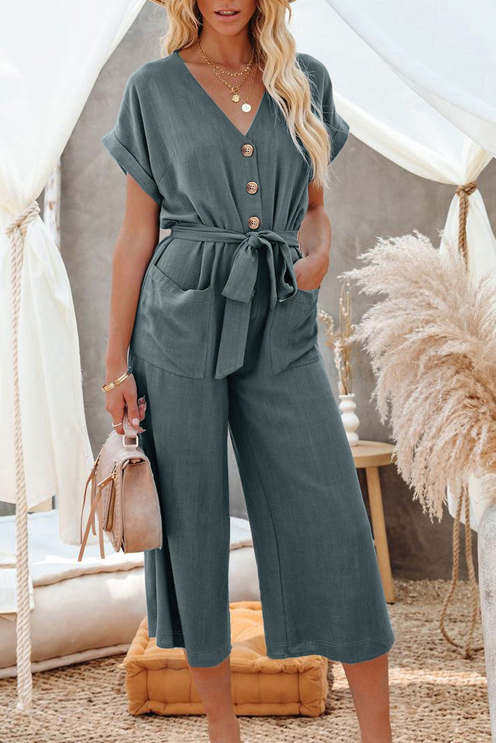 Dolman Button Belted V Neck Wide Leg Pocketed Jumpsuit