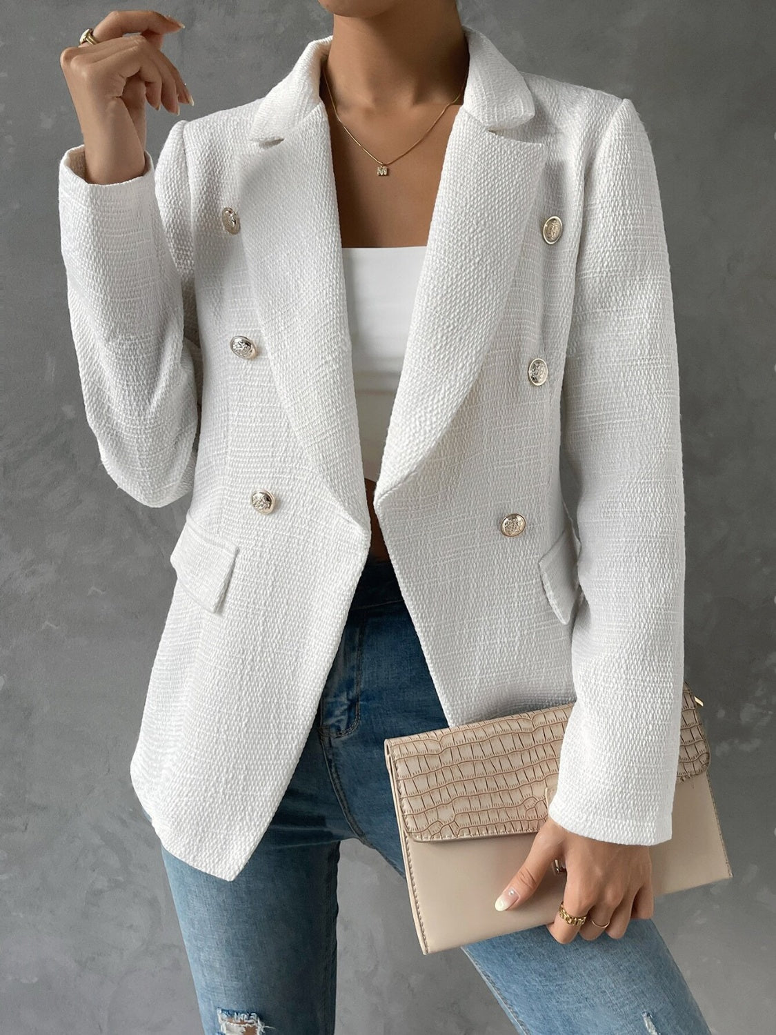 Lapel Collar Long Sleeve Blazer with Pockets