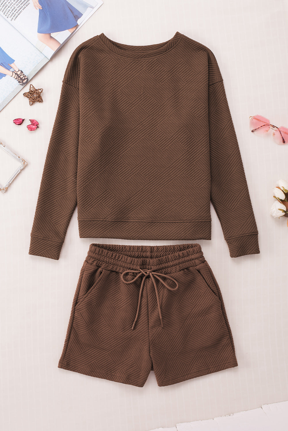 Gray Textured Loose Fit T Shirt and Drawstring Pants Set