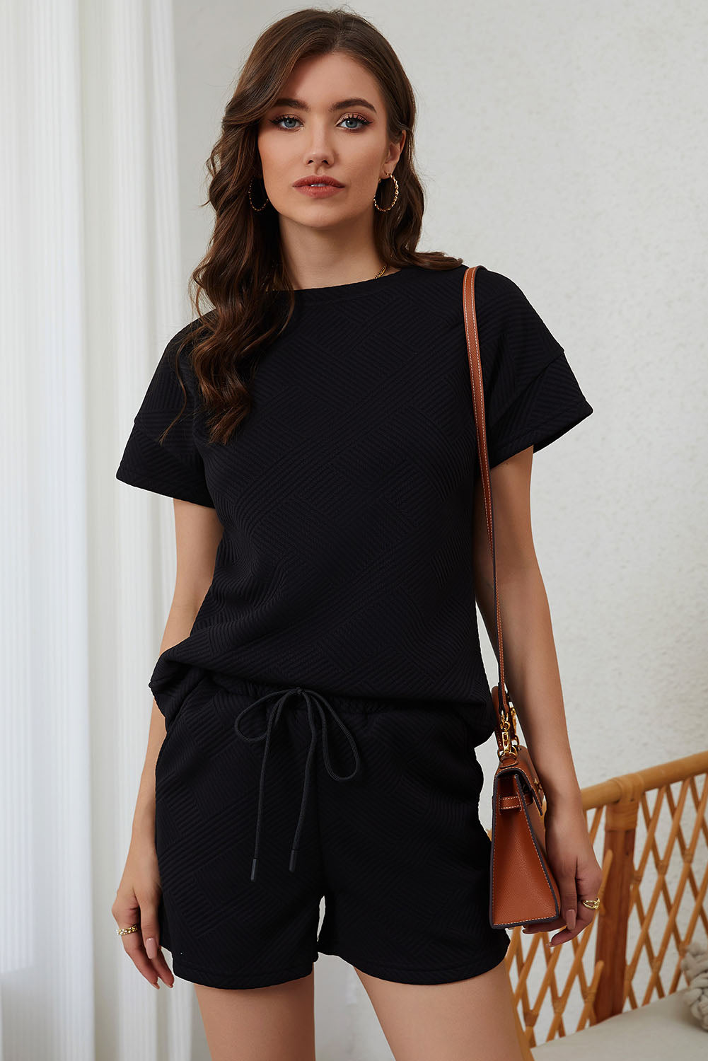 Gray Textured Loose Fit T Shirt and Drawstring Pants Set